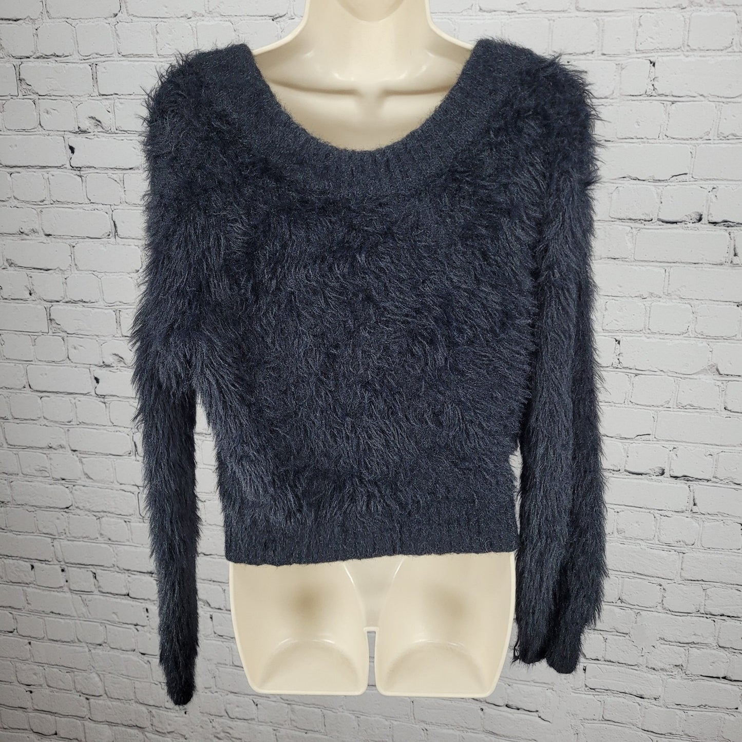 Urban Outfitters Black Faux Fur Long Sleeve Plunge Pullover Sweater Small S