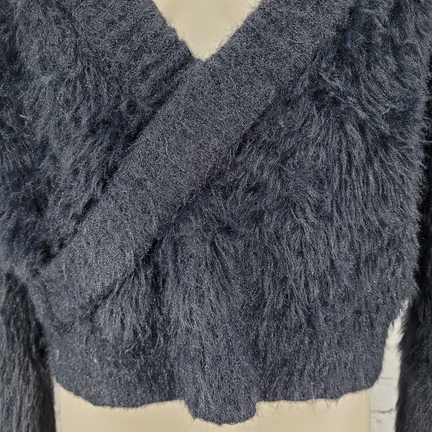 Urban Outfitters Black Faux Fur Long Sleeve Plunge Pullover Sweater Small S