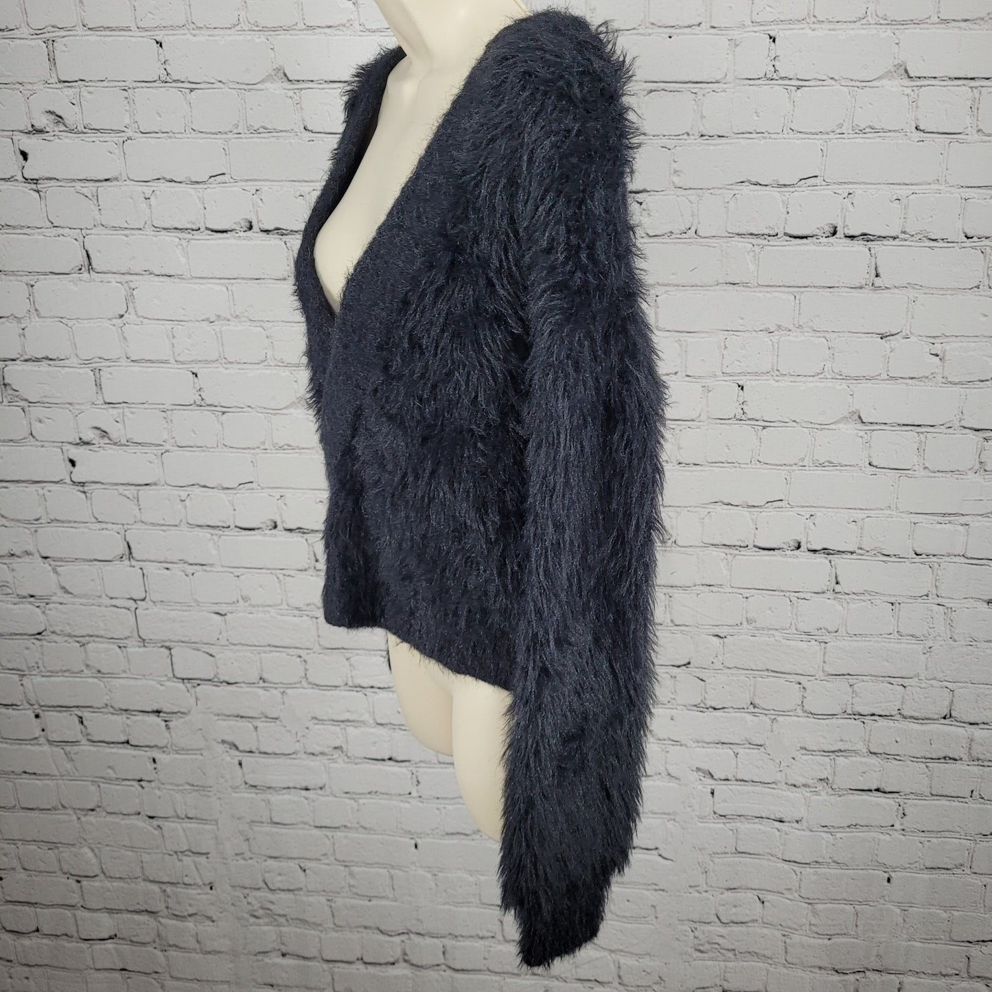 Urban Outfitters Black Faux Fur Long Sleeve Plunge Pullover Sweater Small S