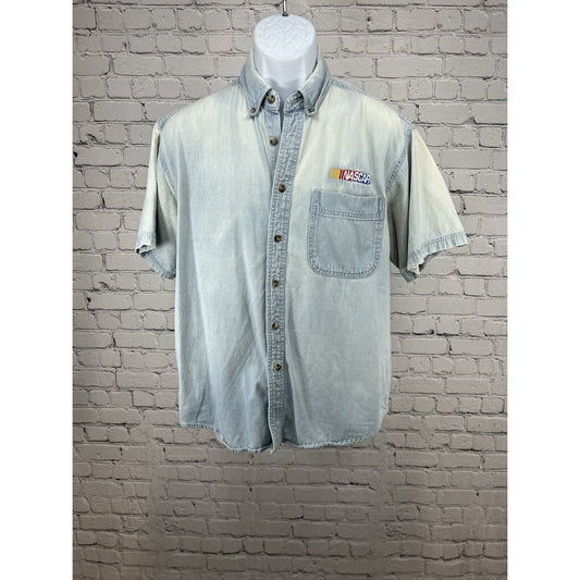 VTG Global Sport Distressed NASCAR Embroidered Denim Short Sleeve Button Down M