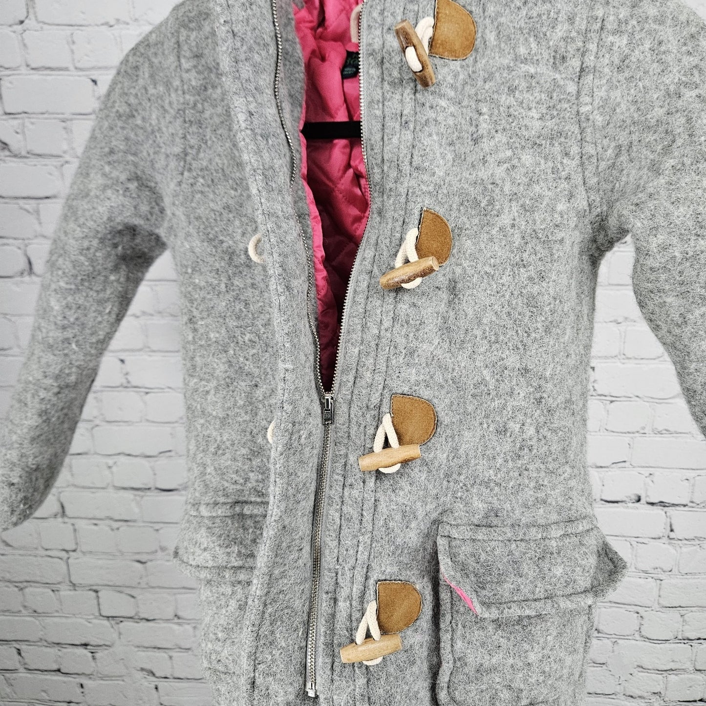 Mini Boden Grey Wool Blend Hooded Quilted Lined Toggle Zip Coat Kids 9-10Y