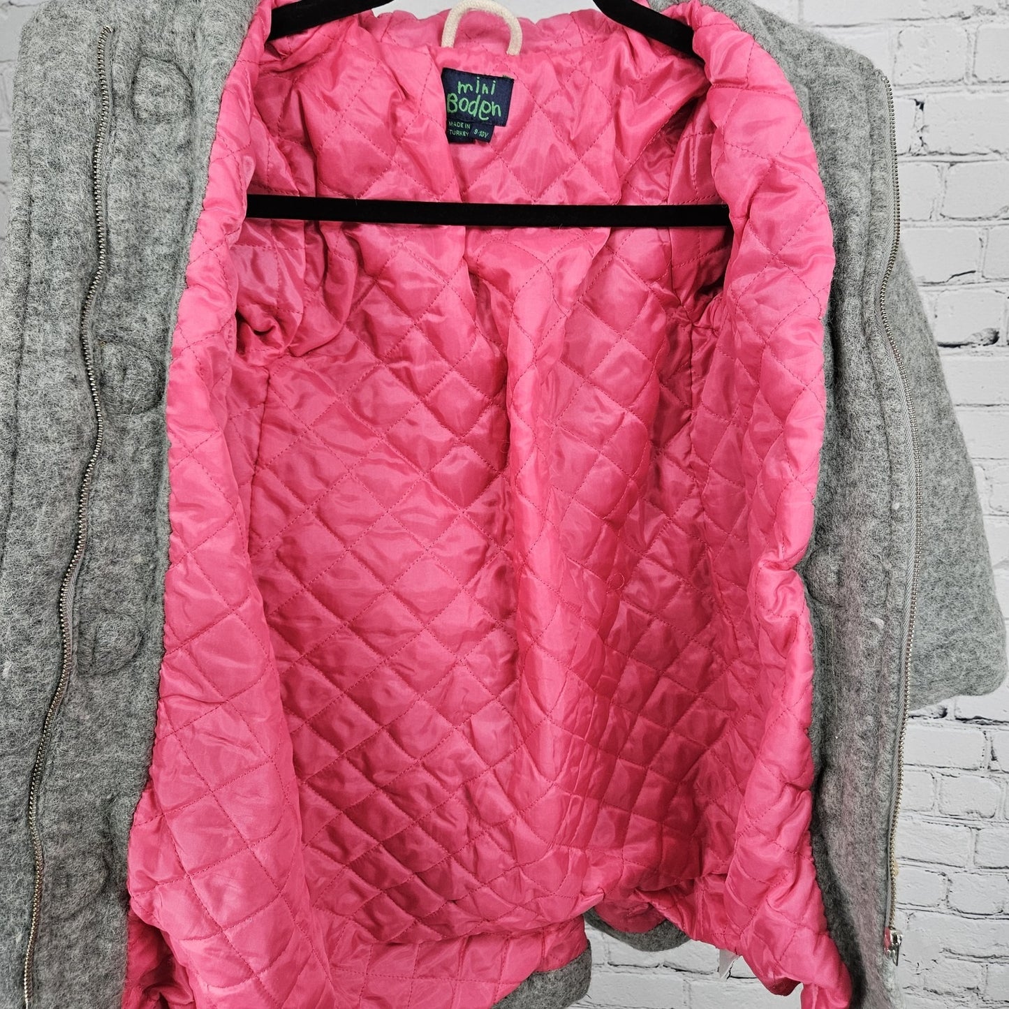 Mini Boden Grey Wool Blend Hooded Quilted Lined Toggle Zip Coat Kids 9-10Y