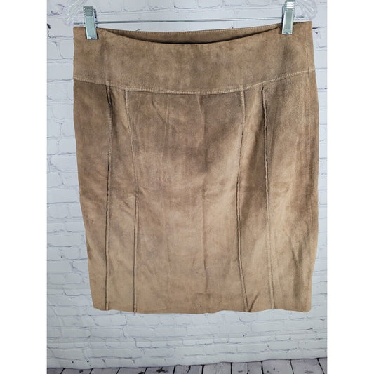 Ann Taylor 100% Leather Tan Suede Short Pencil Lined Pleated Skirt Womens Size 8