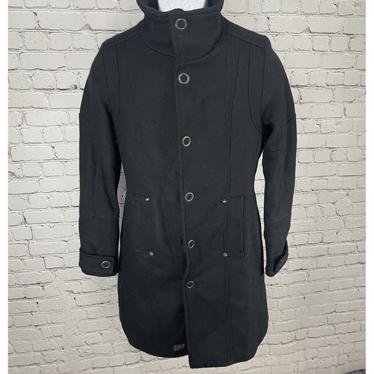 G-Star Raw Black Wool Blend Zipped Snapped Lined Long Coat Pockets Size Small S