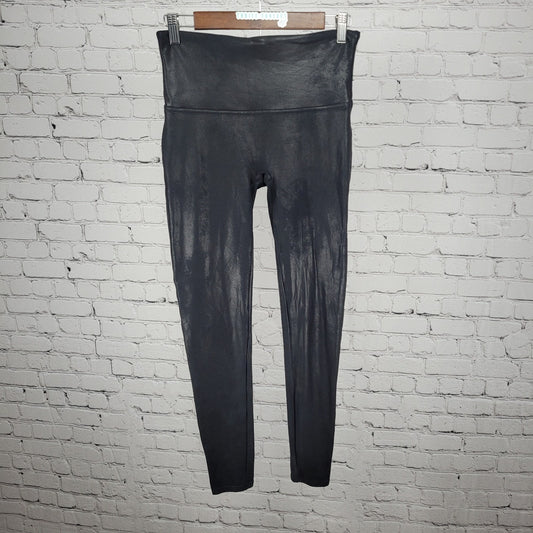 Spanx Black Faux Leather Shiny Mid Rise Ankle Leggings Pants Large L (28x28)