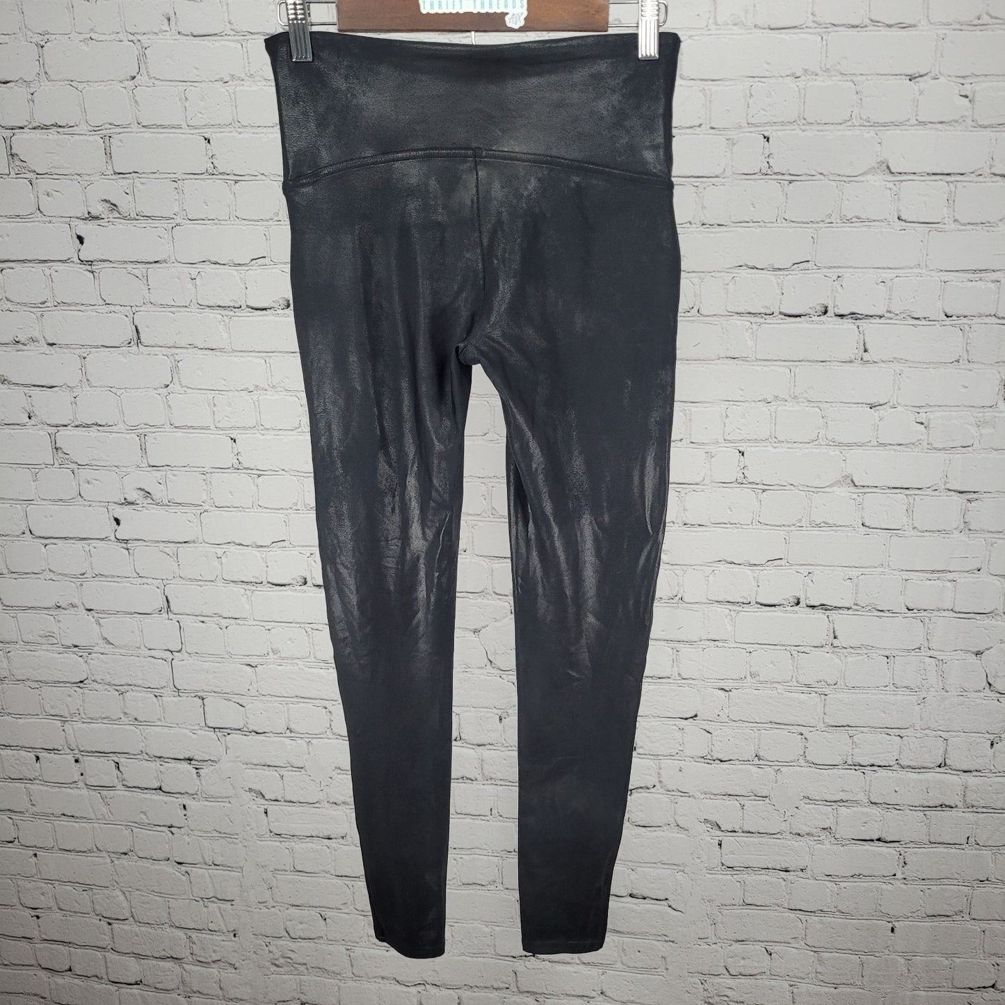 Spanx Black Faux Leather Shiny Mid Rise Ankle Leggings Pants Large L (28x28)
