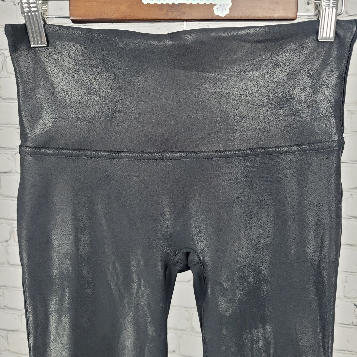 Spanx Black Faux Leather Shiny Mid Rise Ankle Leggings Pants Large L (28x28)