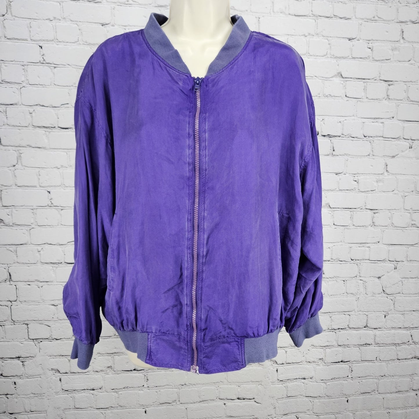 VTG Jessica Roberts Purple 100% Silk Full Zip Lined Windbreaker Bomber Jacket L