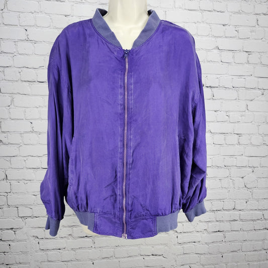 VTG Jessica Roberts Purple 100% Silk Full Zip Lined Windbreaker Bomber Jacket L