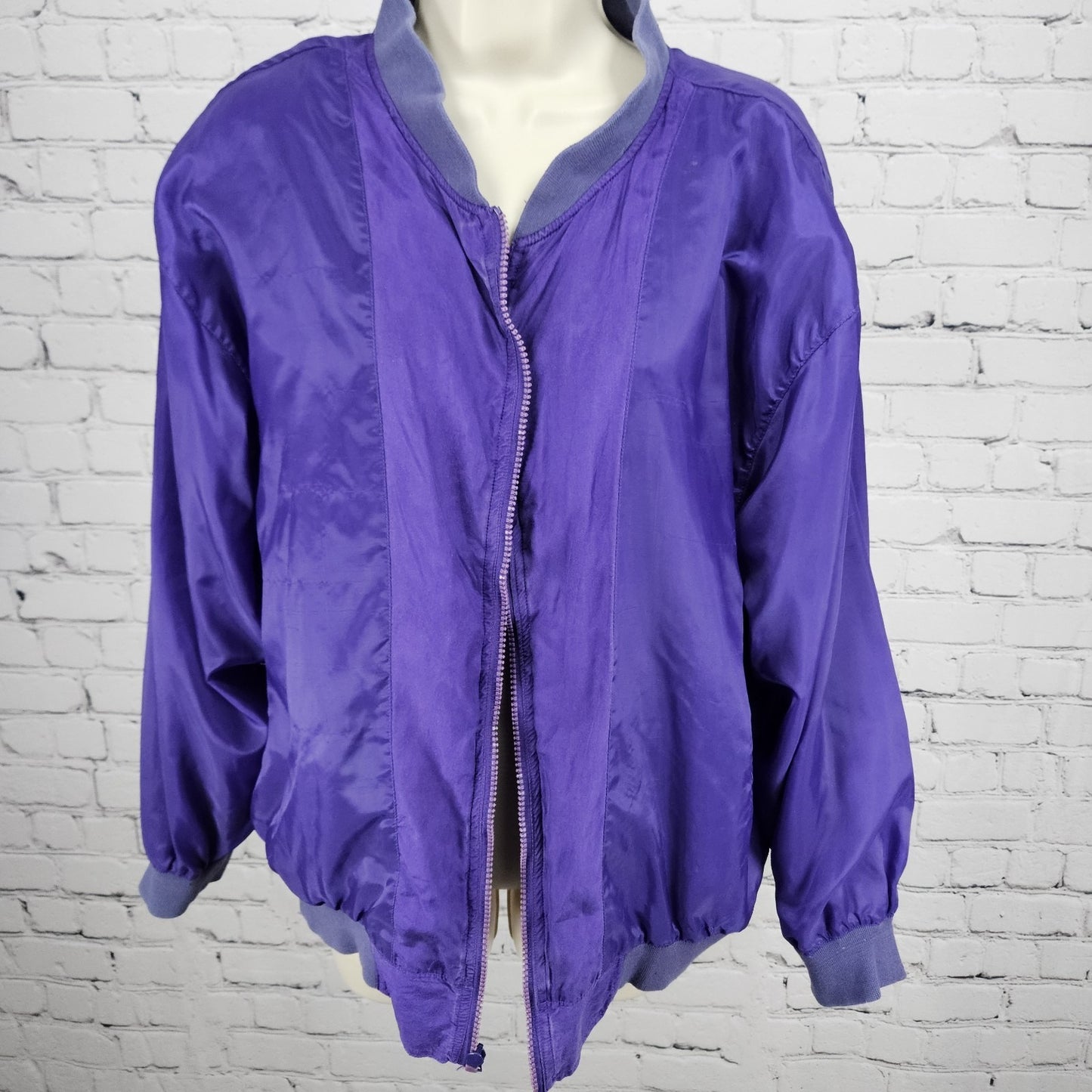 VTG Jessica Roberts Purple 100% Silk Full Zip Lined Windbreaker Bomber Jacket L