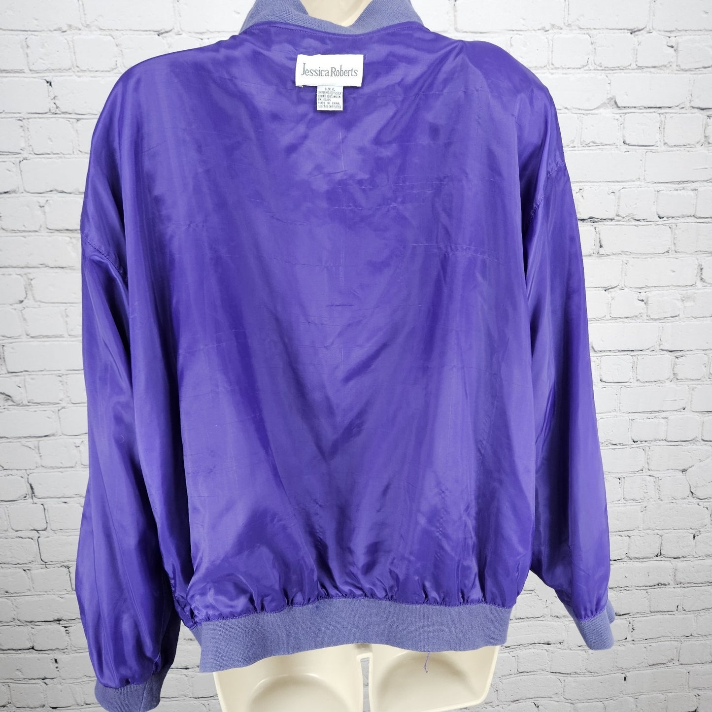 VTG Jessica Roberts Purple 100% Silk Full Zip Lined Windbreaker Bomber Jacket L