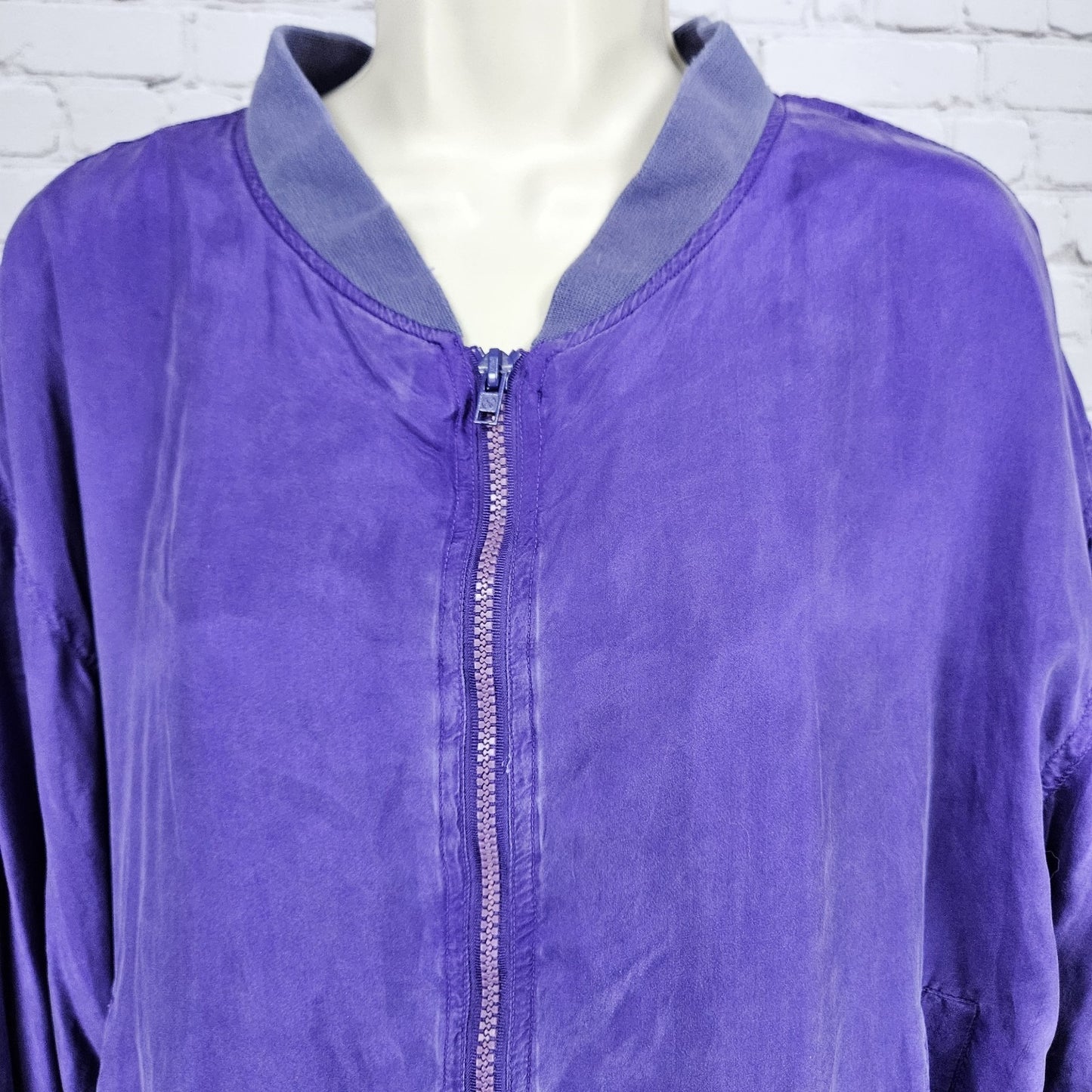 VTG Jessica Roberts Purple 100% Silk Full Zip Lined Windbreaker Bomber Jacket L