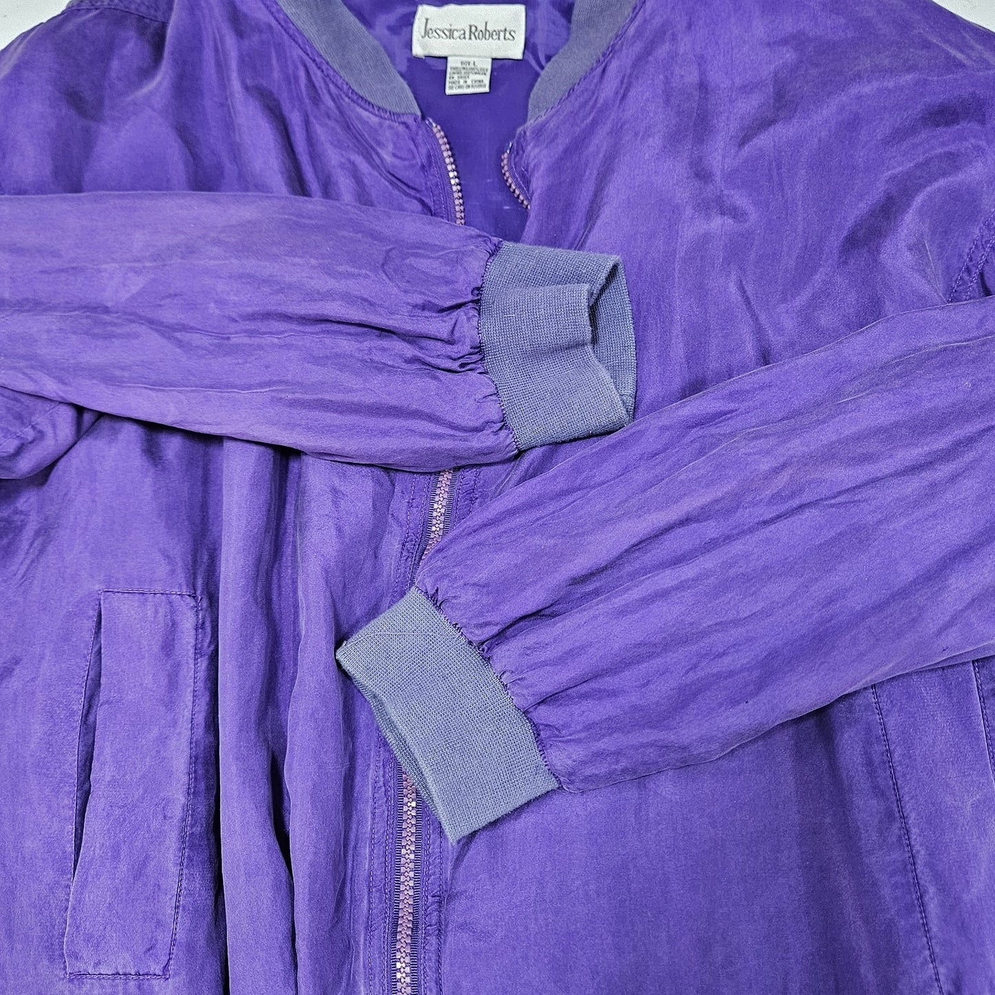 VTG Jessica Roberts Purple 100% Silk Full Zip Lined Windbreaker Bomber Jacket L