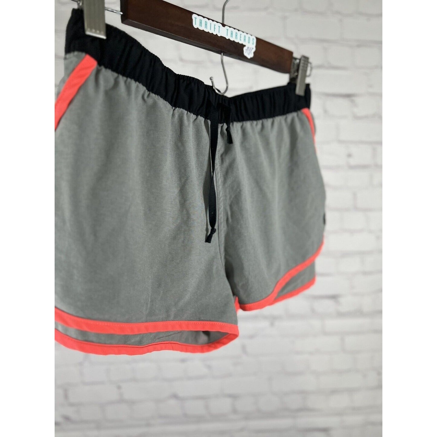 Roxy Grey Black Neon Trim Active Running Short Drawstring Elastic Waist Pocket L
