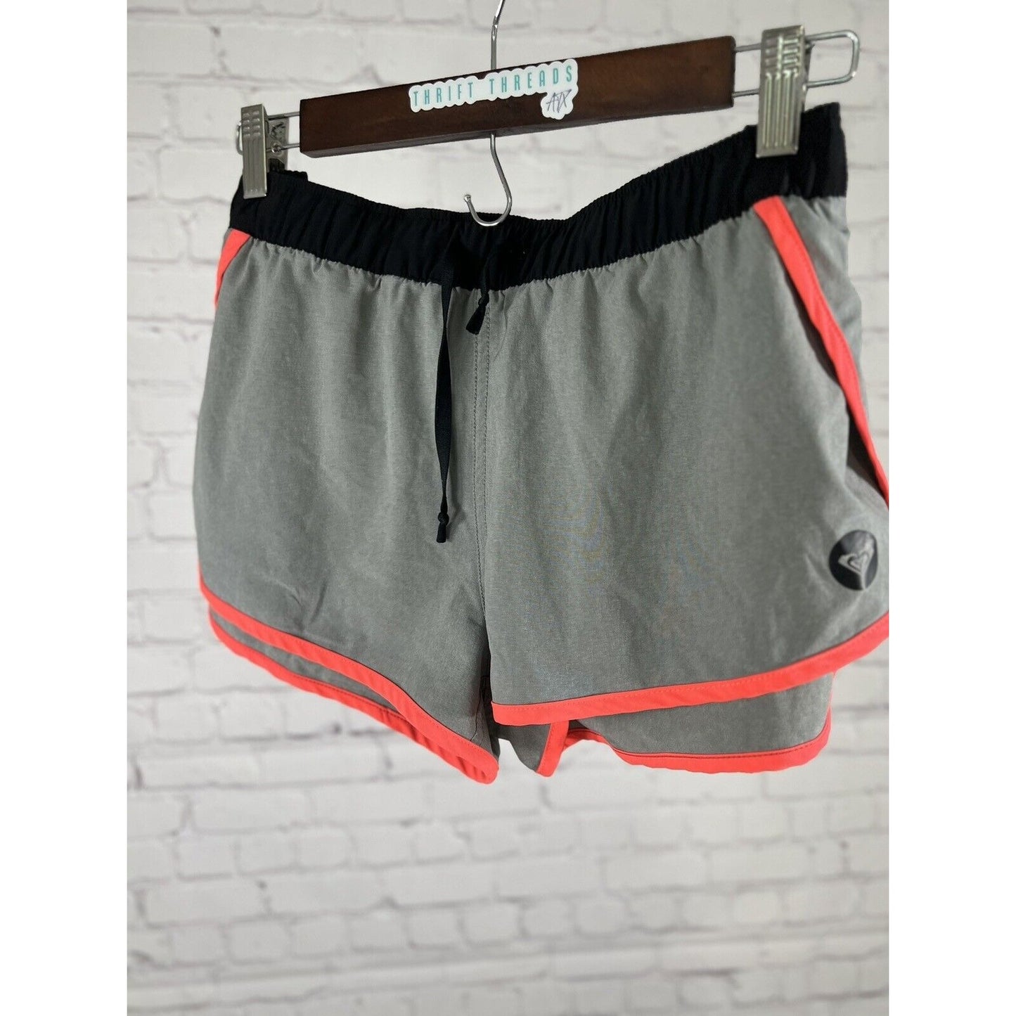 Roxy Grey Black Neon Trim Active Running Short Drawstring Elastic Waist Pocket L