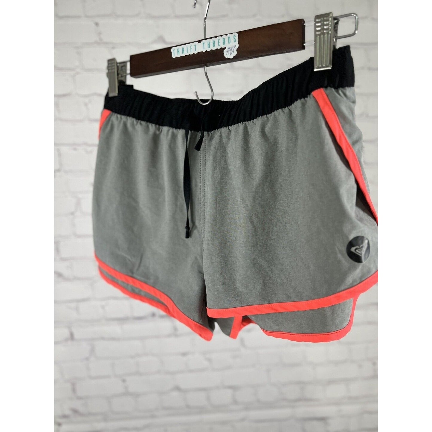 Roxy Grey Black Neon Trim Active Running Short Drawstring Elastic Waist Pocket L