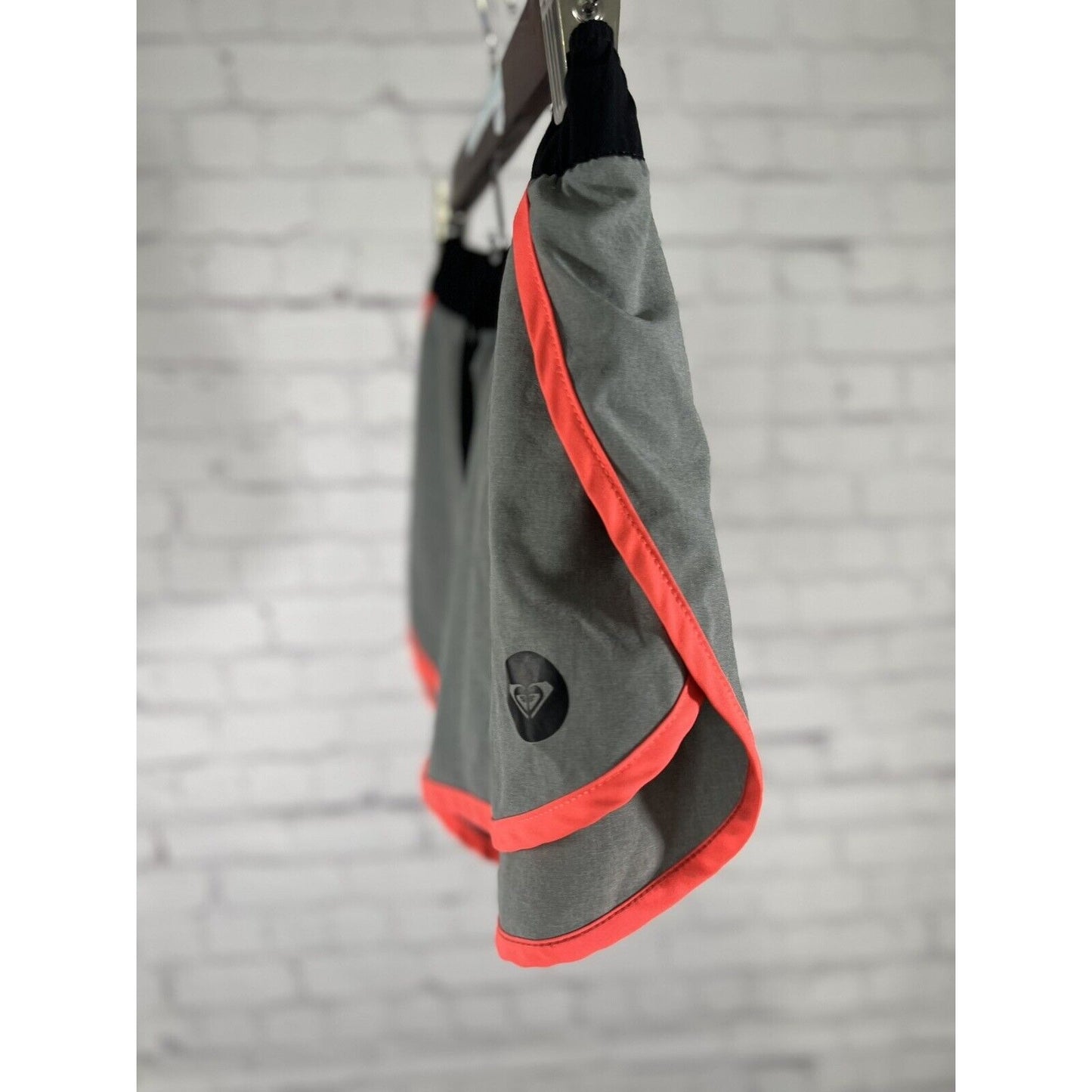 Roxy Grey Black Neon Trim Active Running Short Drawstring Elastic Waist Pocket L
