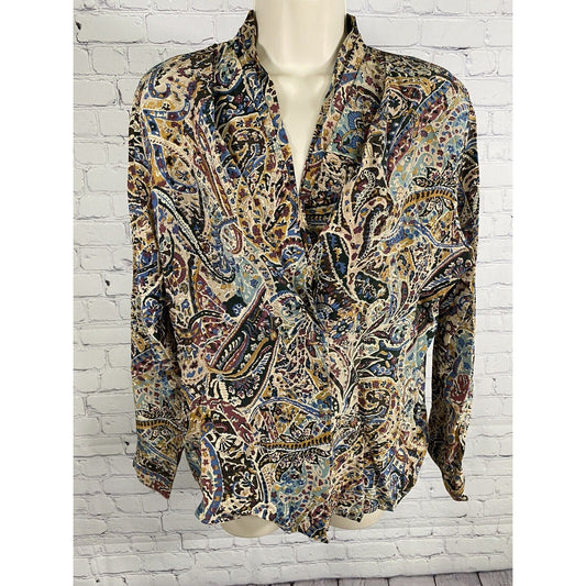 Vintage Jacqueline Ferrar Colorful Paisely 100% Silk Shoulder Pads Blouse 8