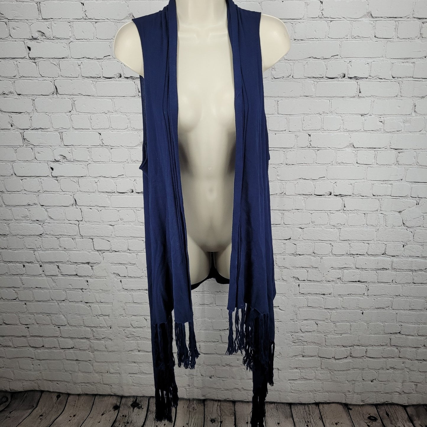Cache Navy Blue Knit Open Layering Sleeveless Tassel Duster Cardigan Size XL
