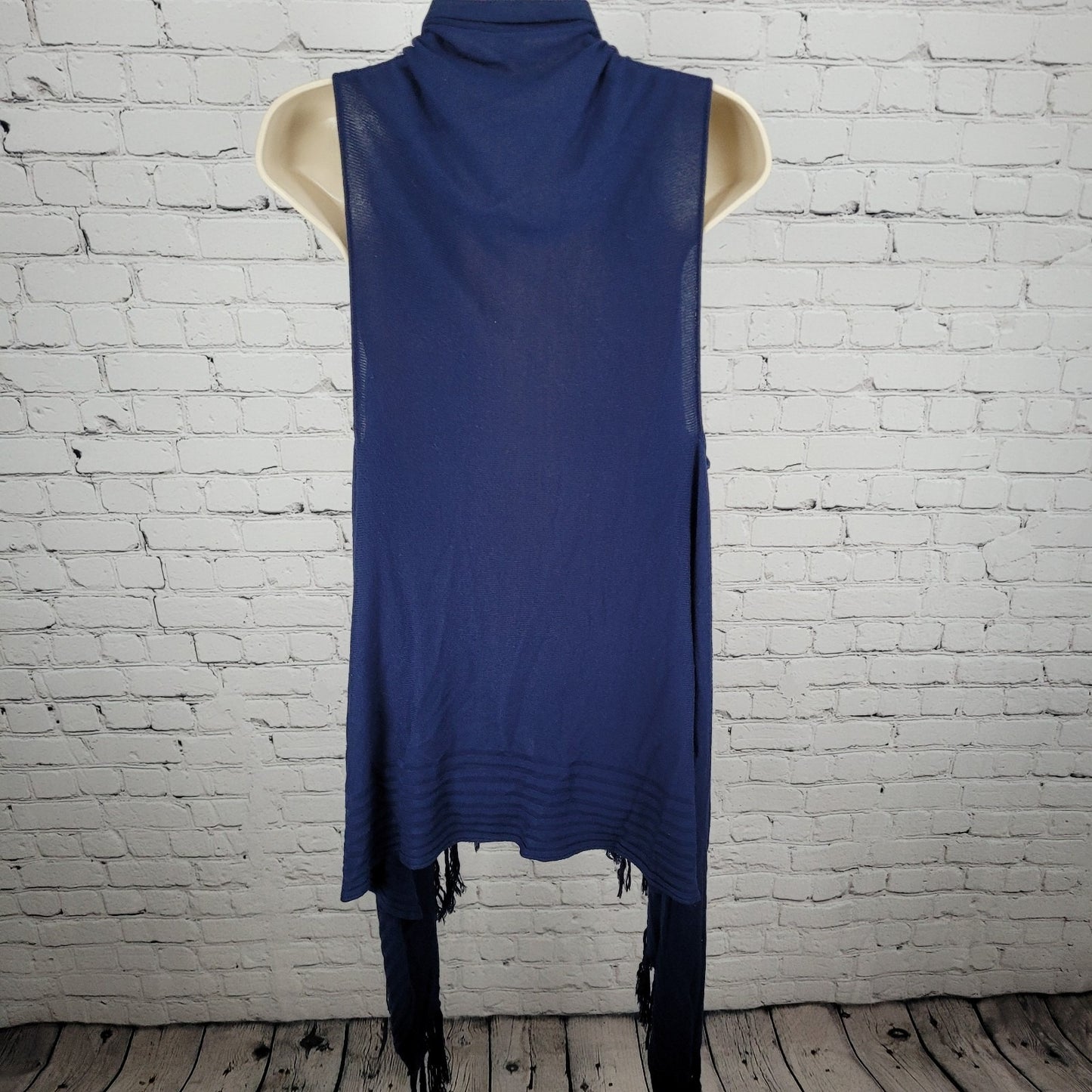 Cache Navy Blue Knit Open Layering Sleeveless Tassel Duster Cardigan Size XL