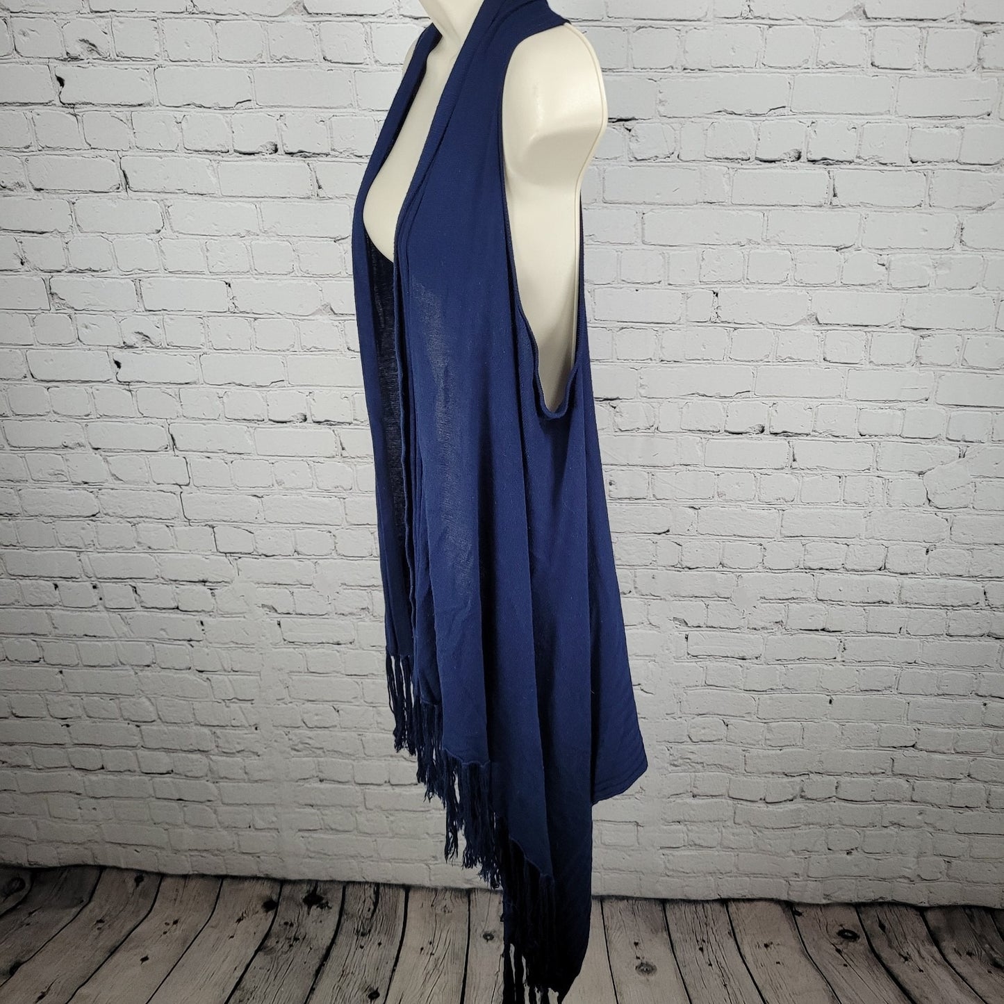 Cache Navy Blue Knit Open Layering Sleeveless Tassel Duster Cardigan Size XL