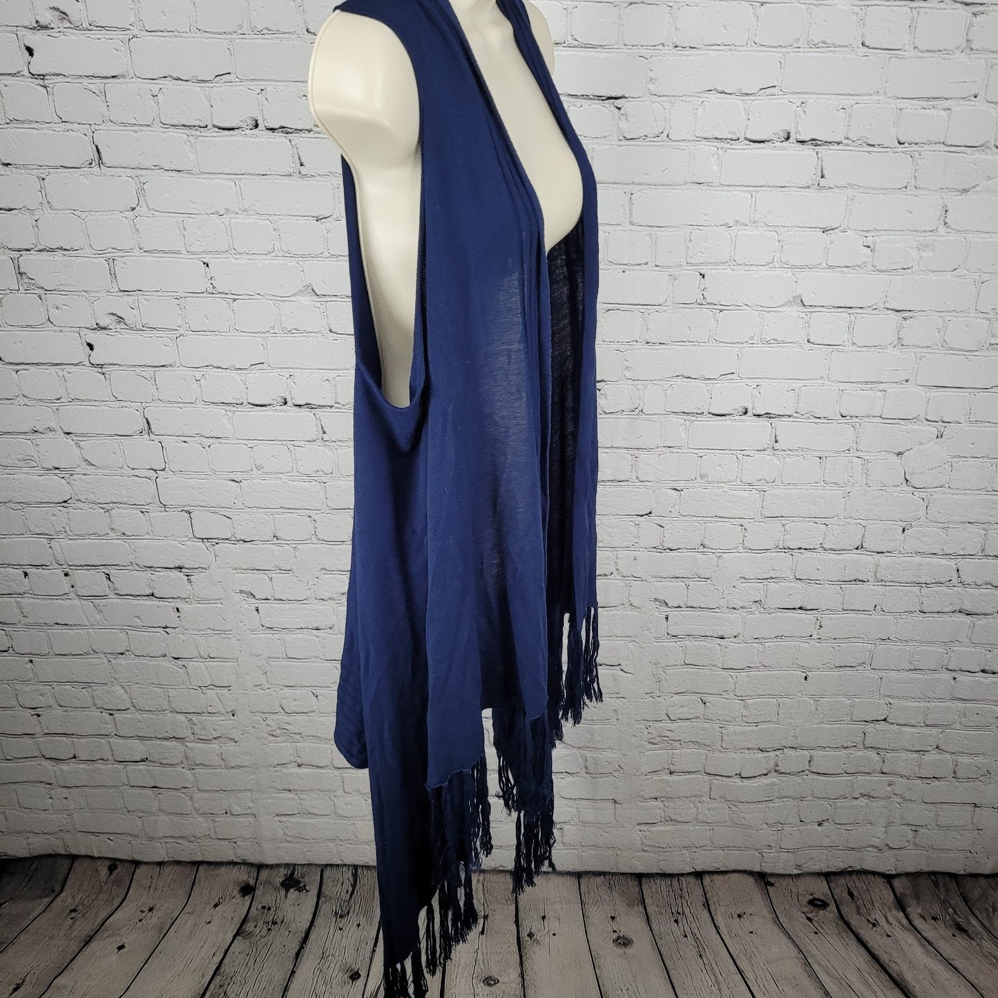 Cache Navy Blue Knit Open Layering Sleeveless Tassel Duster Cardigan Size XL
