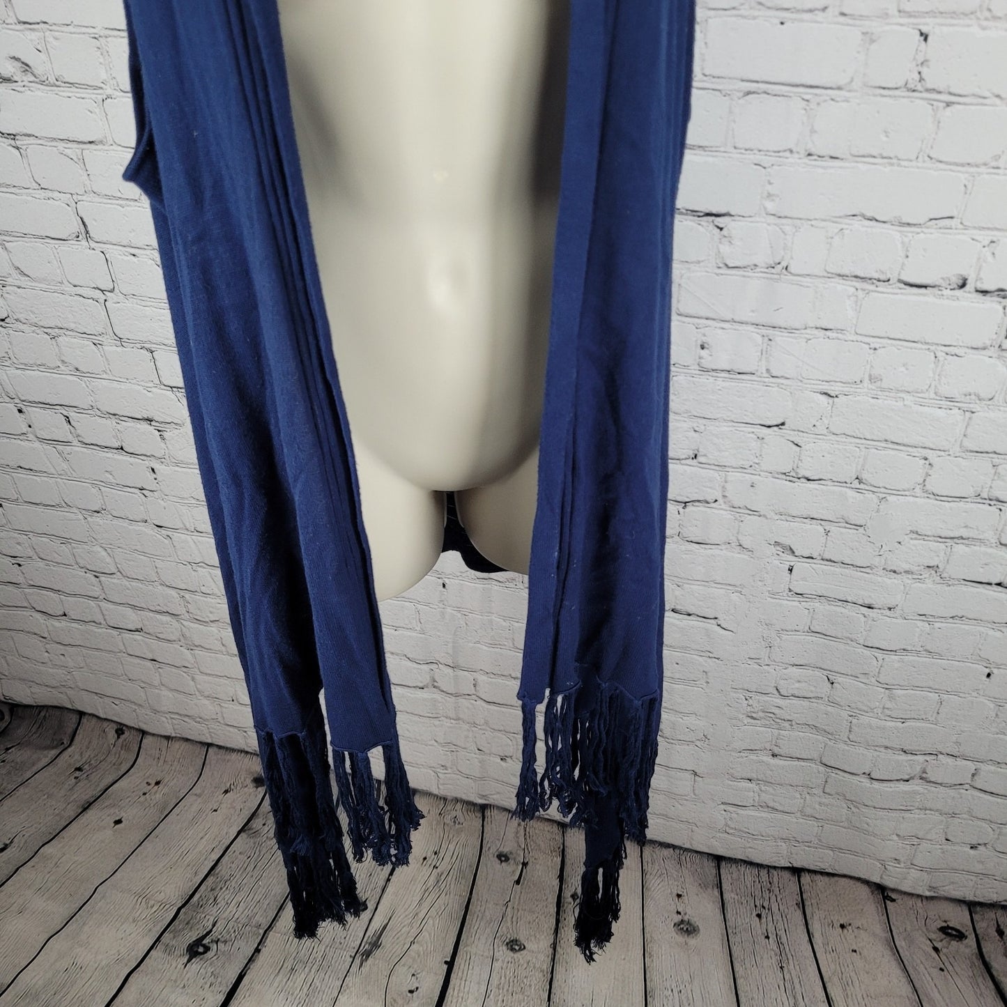 Cache Navy Blue Knit Open Layering Sleeveless Tassel Duster Cardigan Size XL