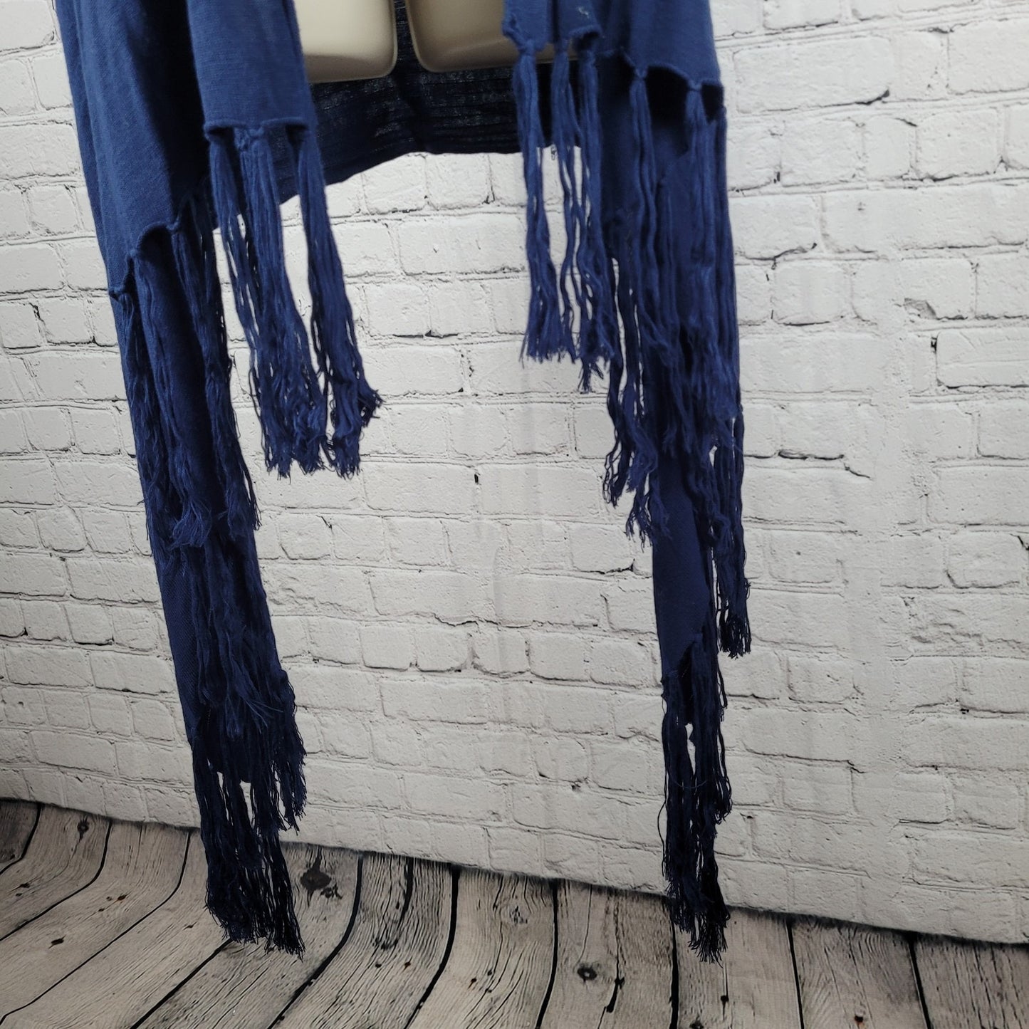 Cache Navy Blue Knit Open Layering Sleeveless Tassel Duster Cardigan Size XL