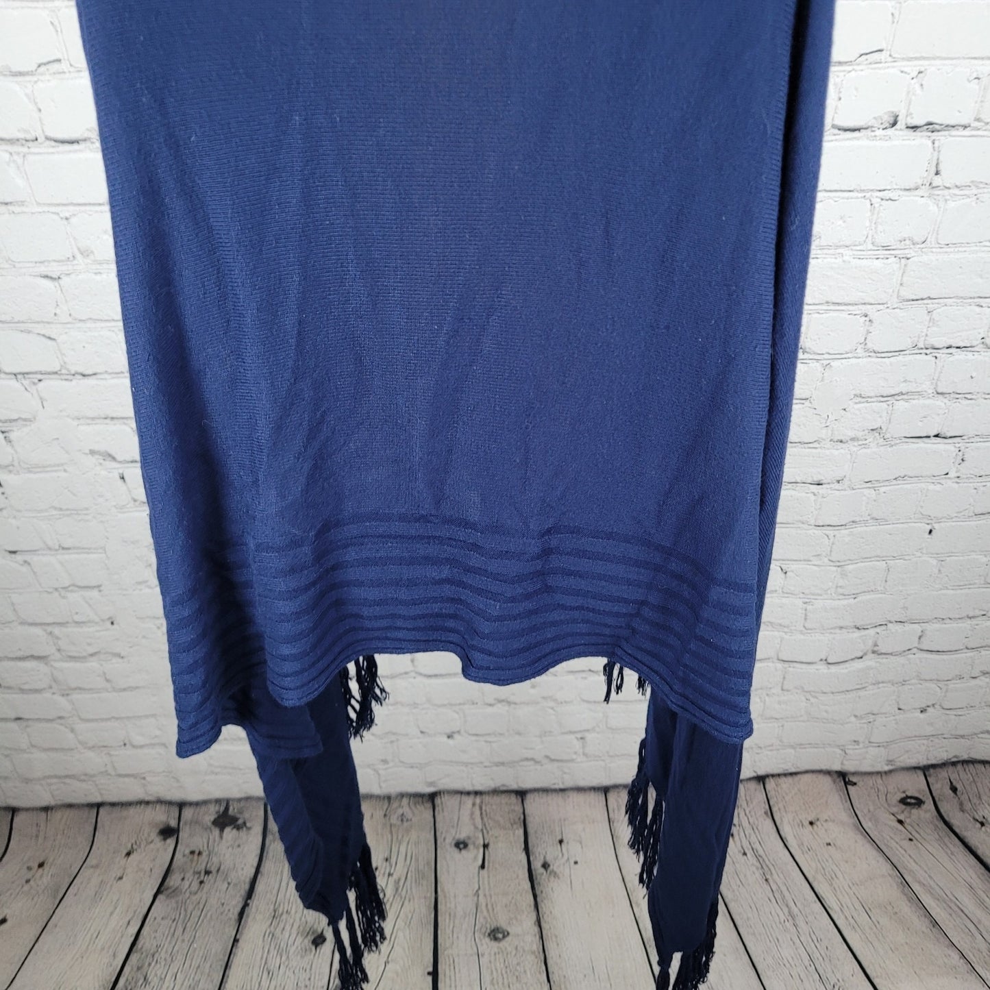 Cache Navy Blue Knit Open Layering Sleeveless Tassel Duster Cardigan Size XL