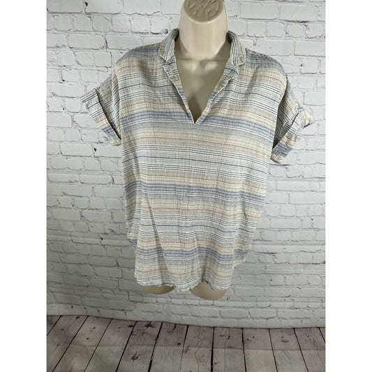 Madewell Beige White Blue Striped Short Sleeve Back Slit V Neck Shirt Women’s S