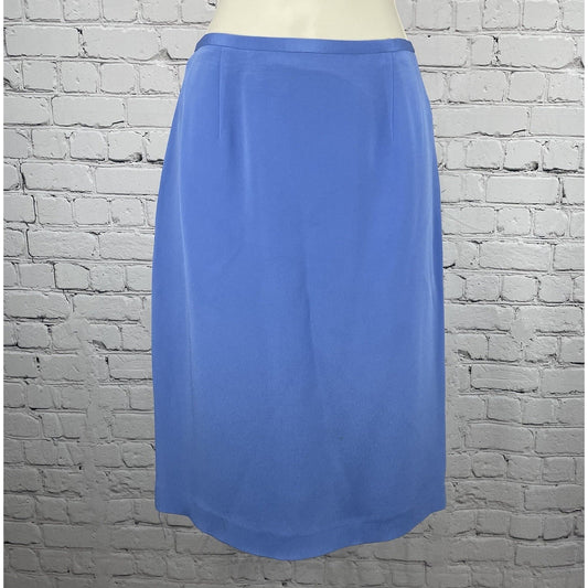 Maggy London Blue 100% Silk Lined Zipped Back Slit Knee Length Skirt Size 10