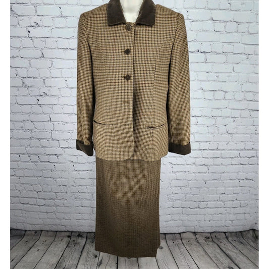 VTG Breeches Brown Wool Alpaca Houndstooth Velvet Trim Jacket Skirt Set USA 8
