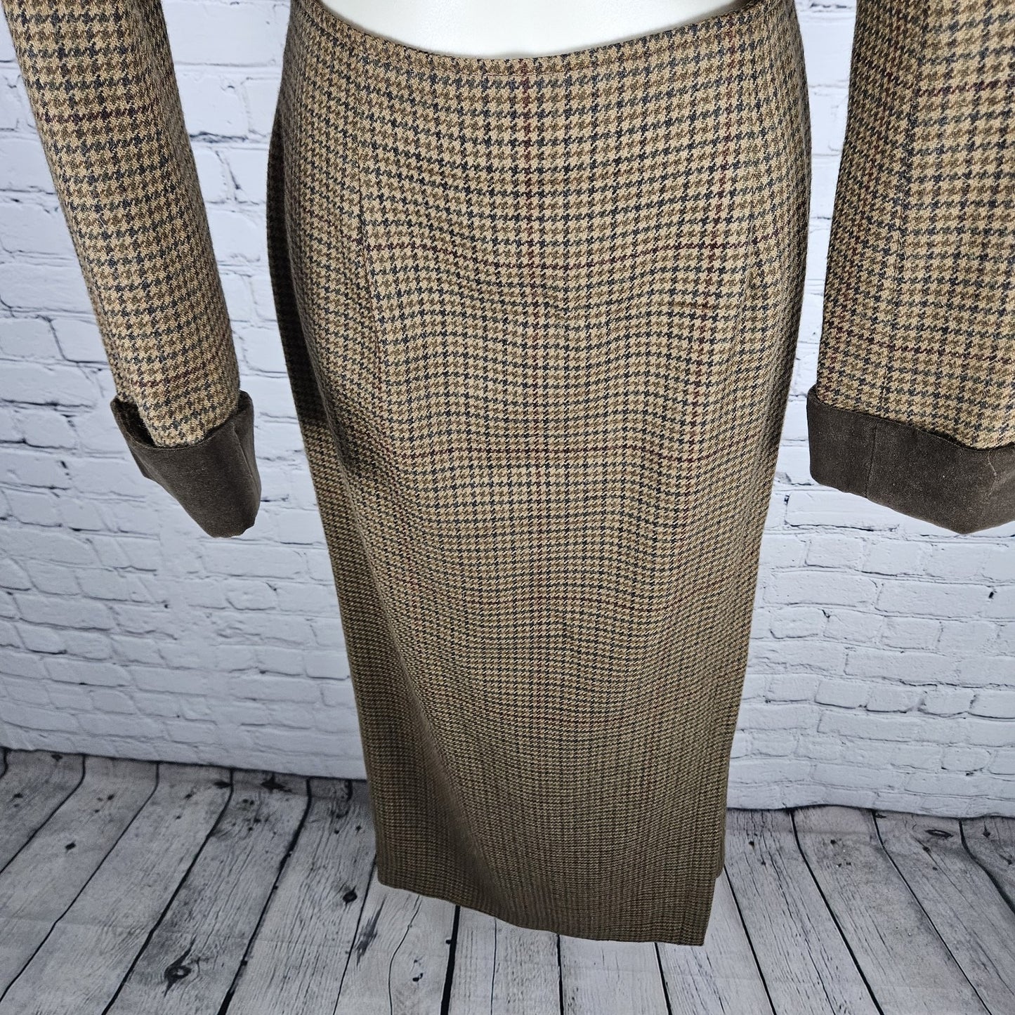 VTG Breeches Brown Wool Alpaca Houndstooth Velvet Trim Jacket Skirt Set USA 8