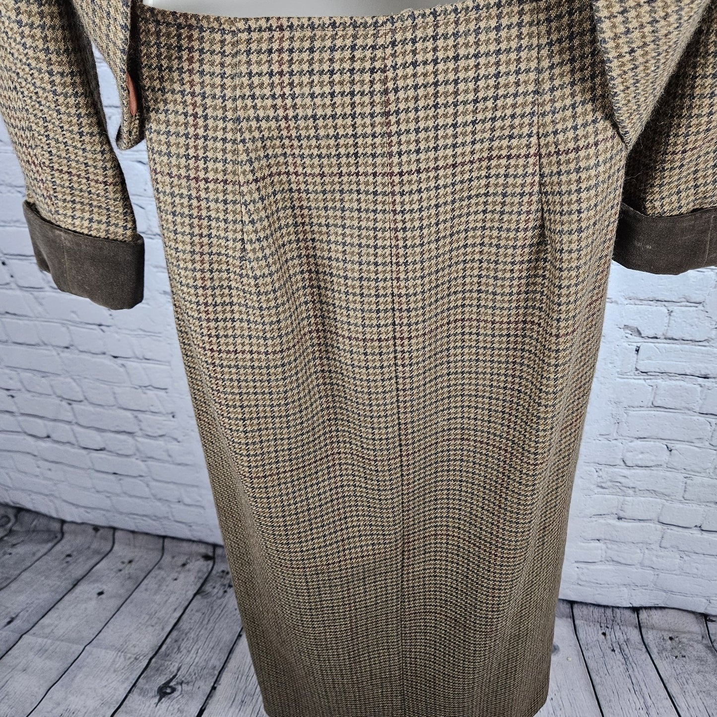 VTG Breeches Brown Wool Alpaca Houndstooth Velvet Trim Jacket Skirt Set USA 8