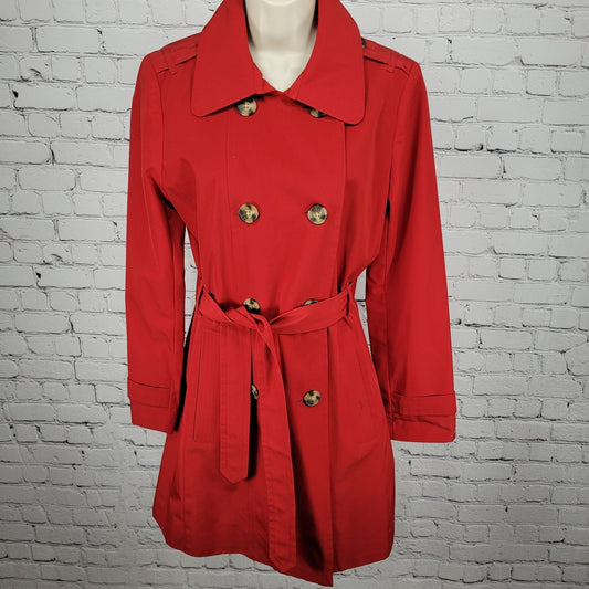 London Fog Red Double Breasted Buttoned Belted Lightweight Rain Coat Small S