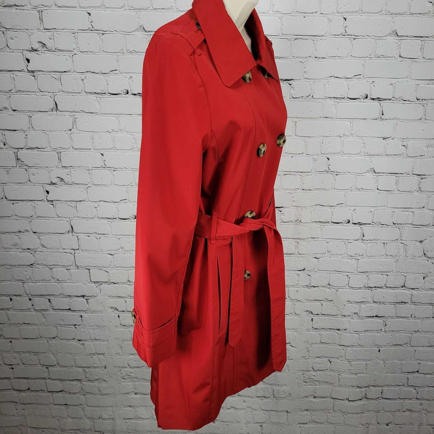 London Fog Red Double Breasted Buttoned Belted Lightweight Rain Coat Small S
