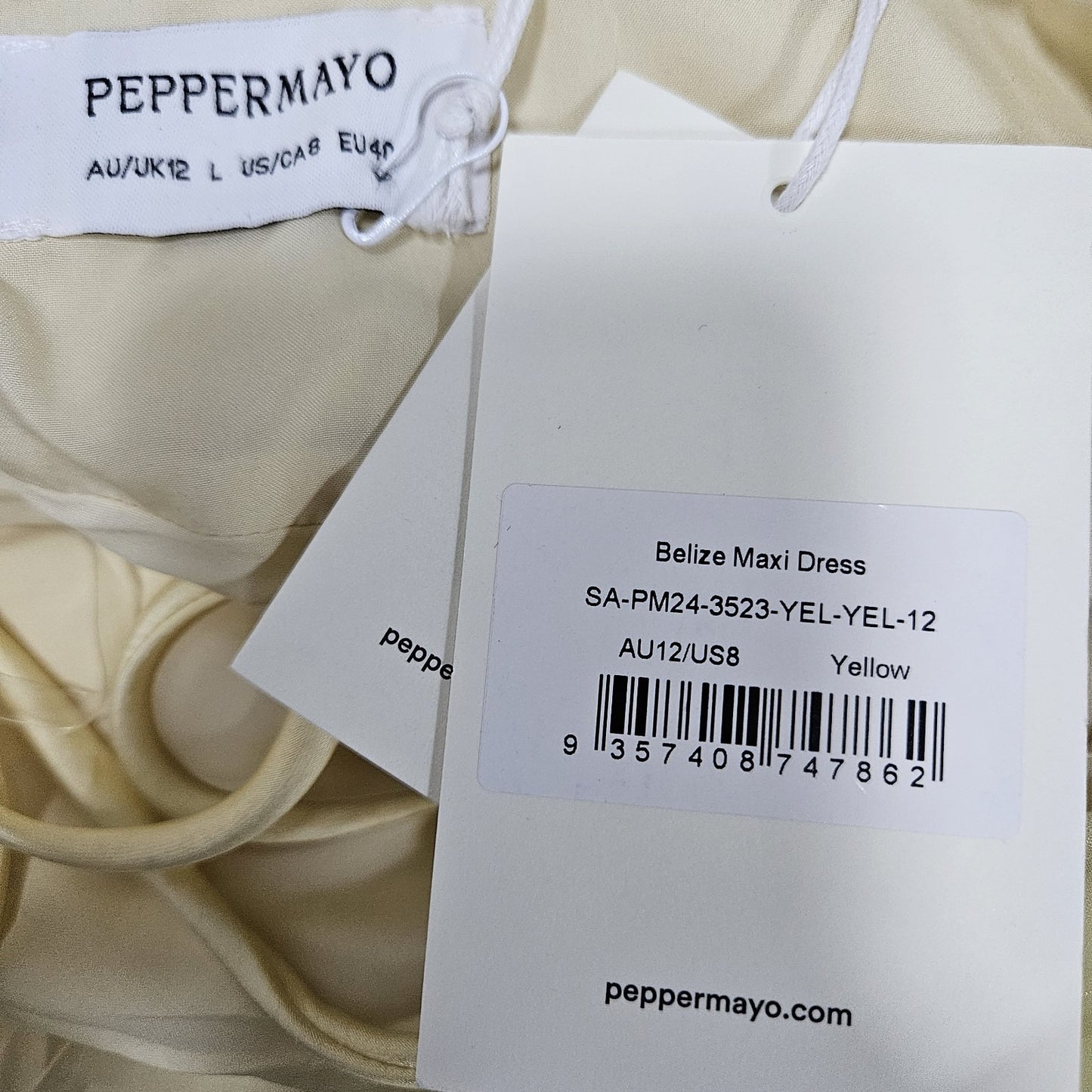 NWD Peppermayo Yellow Satin Belize Maxi Long Formal Dress Strappy Large L