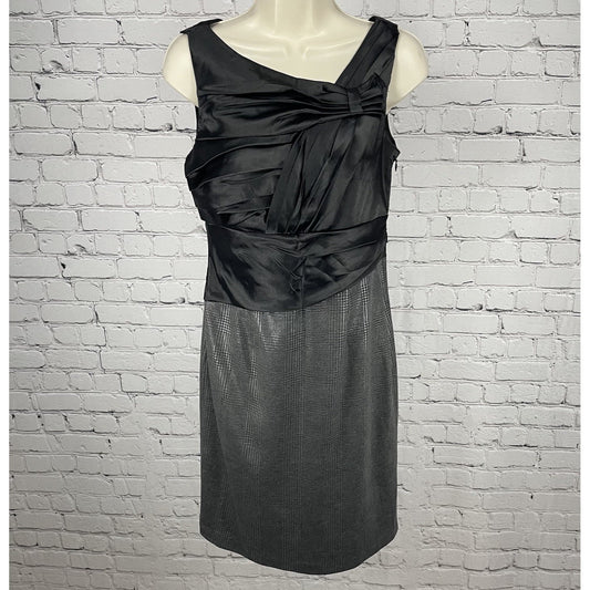 Suzi Chin Maggy Boutique Black Grey Pleated Satin Houndstooth Zip Dress USA  4