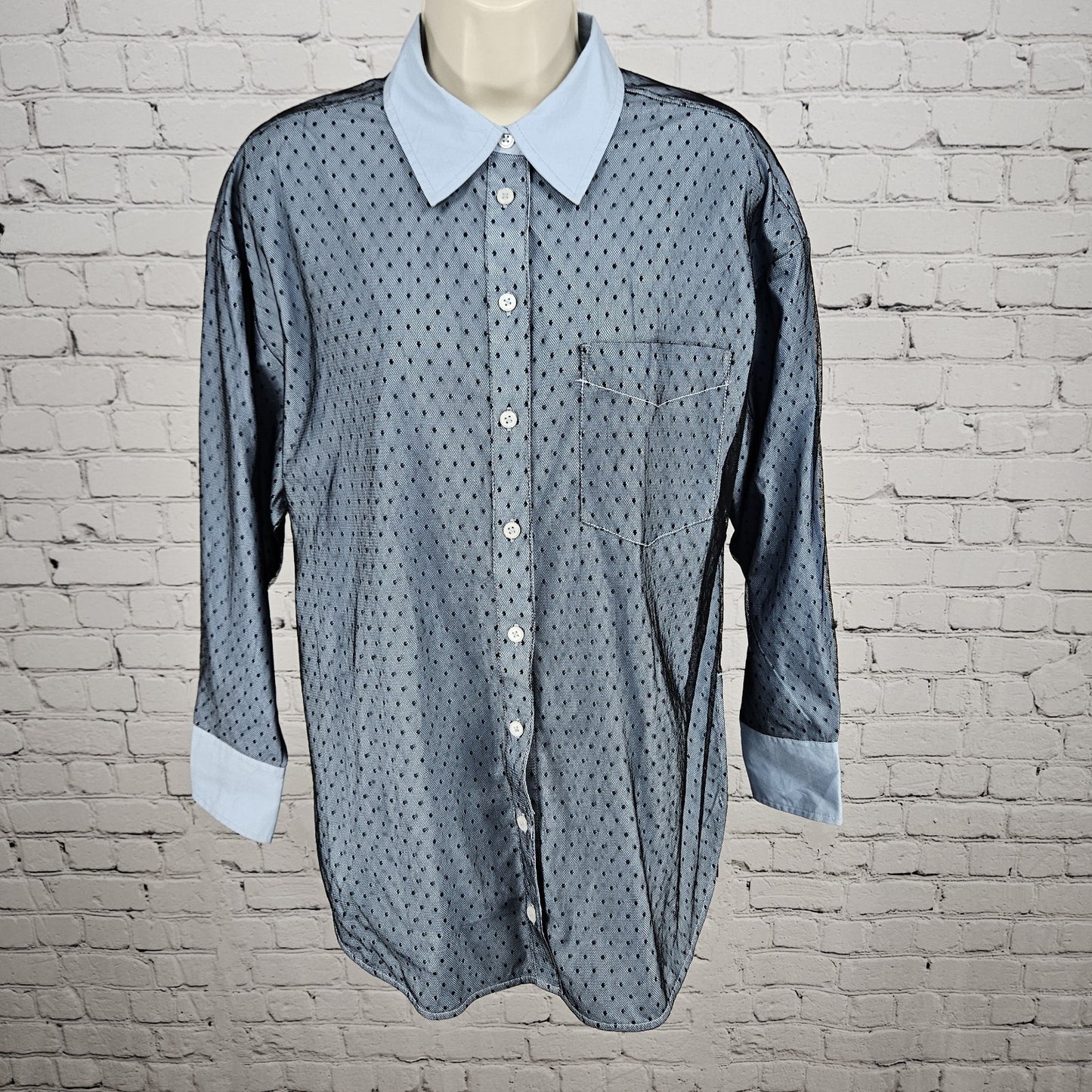 NWT Maeve Anthropologie Blue Mesh Overlay Button Up Long Sleeve Shirt Small S
