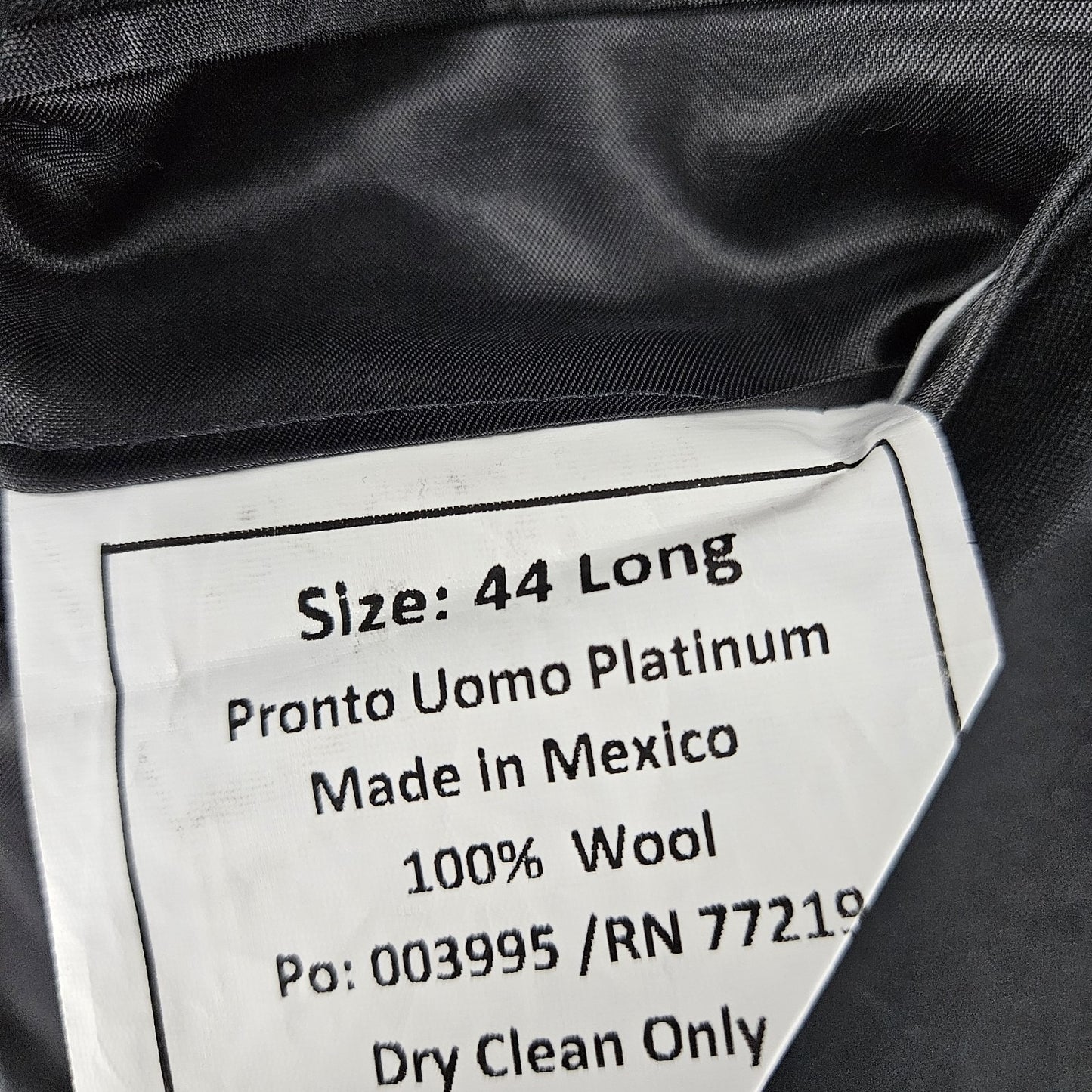 Pronto Uomo Platinum Black 100% Wool Full Pant Suit 2 Piece Set Notch 44L 38x33