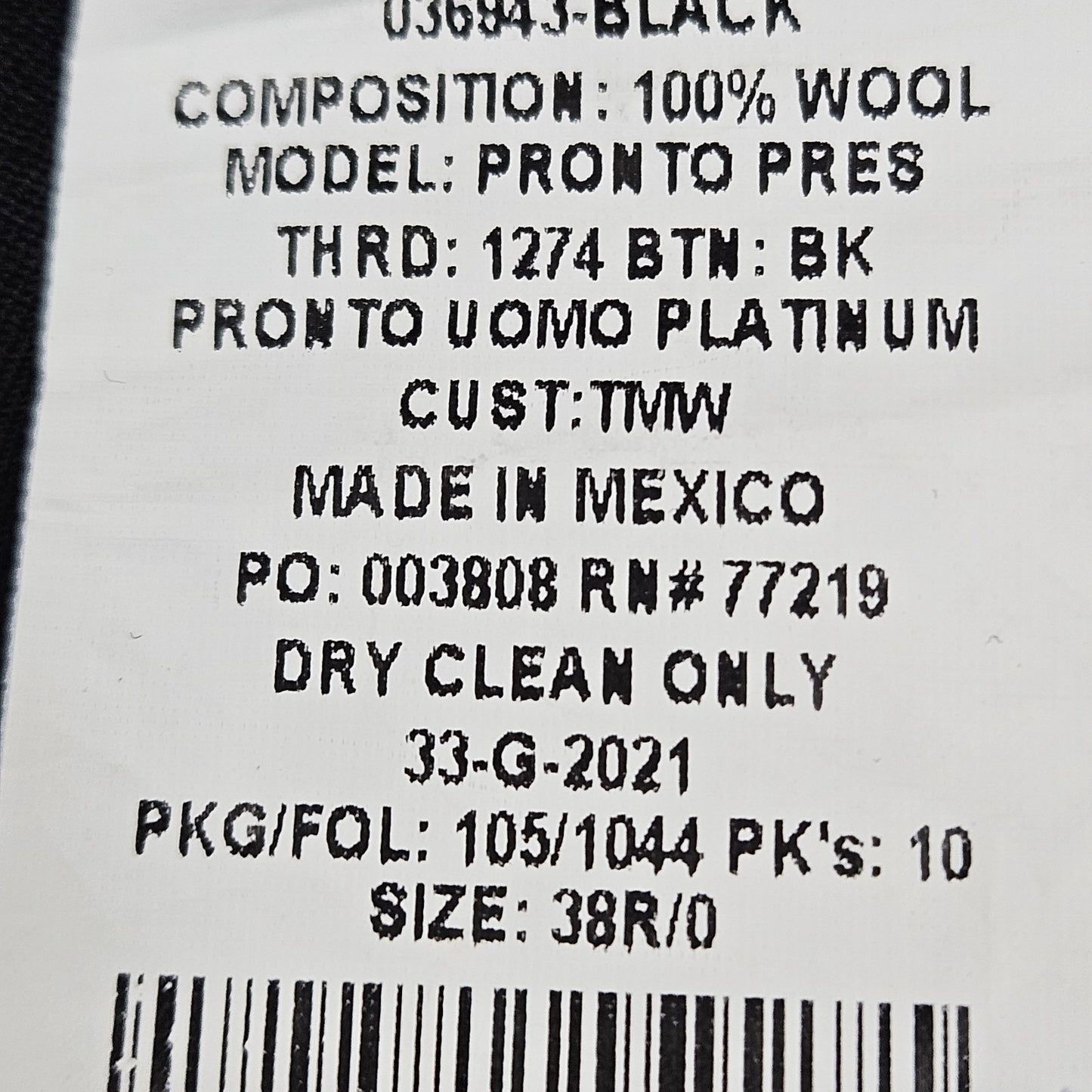 Pronto Uomo Platinum Black 100% Wool Full Pant Suit 2 Piece Set Notch 44L 38x33