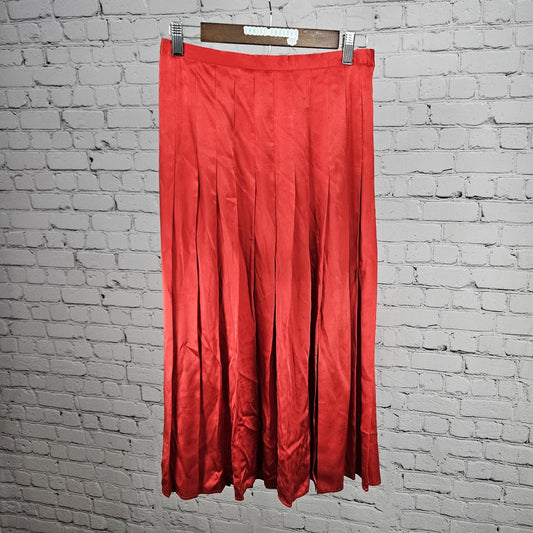VTG Saks Fifth Avenue Red 100% Silk Pleated Unlined Zip A-Line Midi Skirt 10
