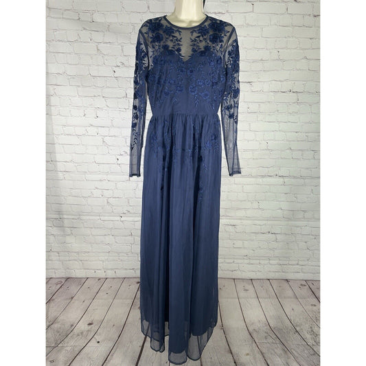 Asos Blue Embroidered Semi Sheer 3/4 Sleeve Long Gown Bridesmaids Dress Womens 8