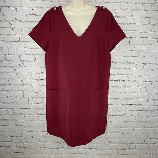1.STATE Deep Red Short Sleeve Shift V Neck Unlined Zipped Dress Pockets Size 12