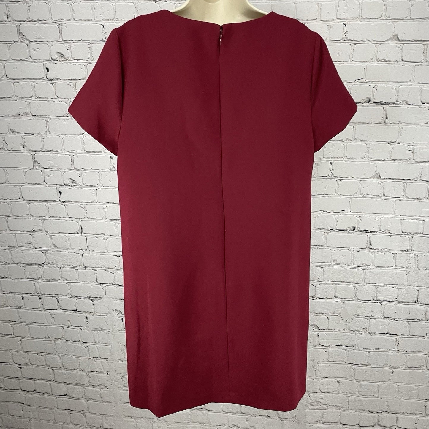 1.STATE Deep Red Short Sleeve Shift V Neck Unlined Zipped Dress Pockets Size 12