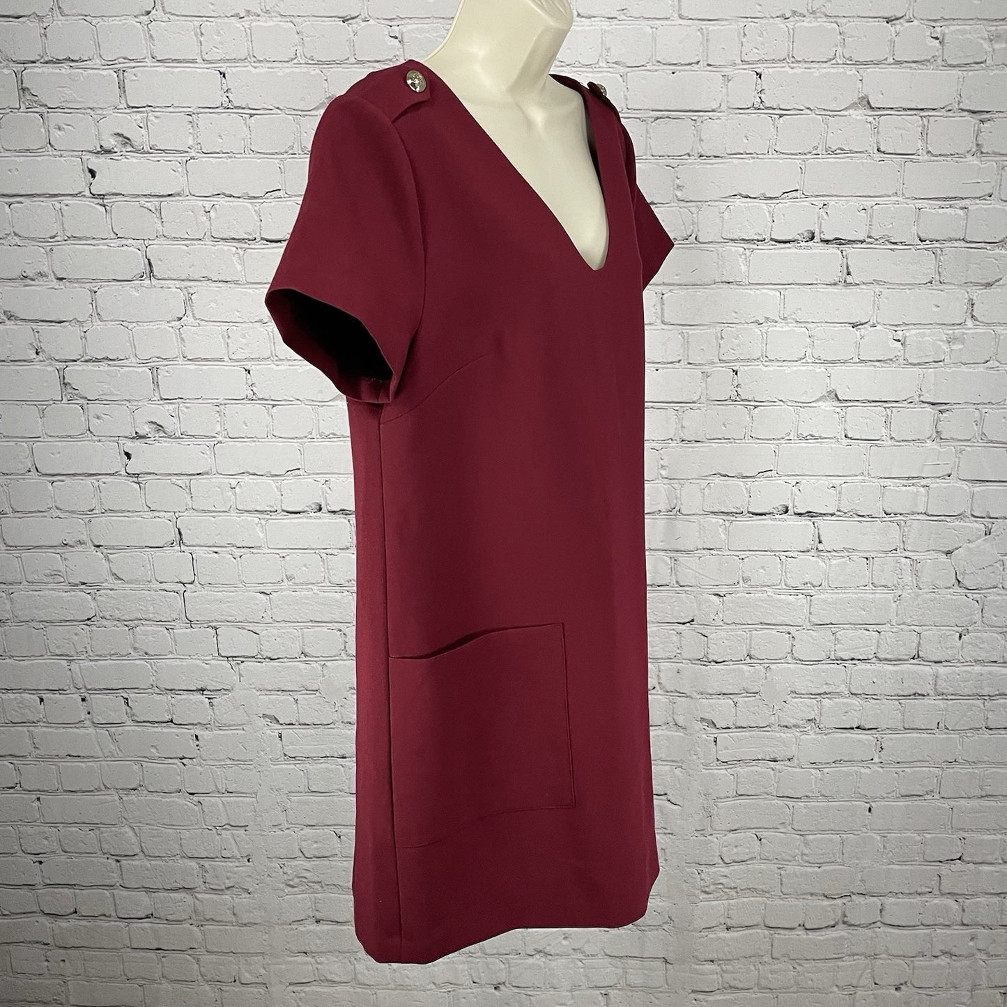 1.STATE Deep Red Short Sleeve Shift V Neck Unlined Zipped Dress Pockets Size 12
