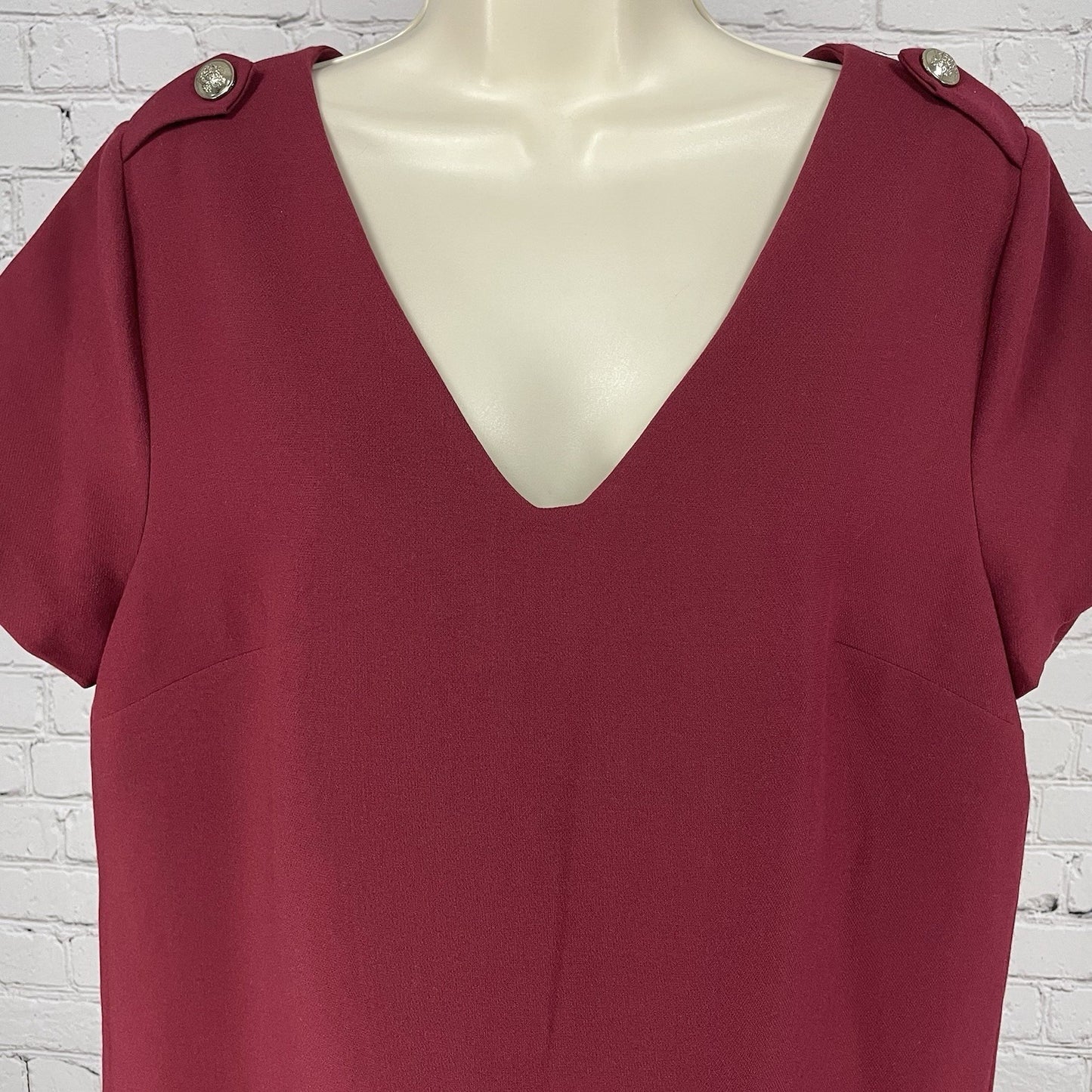 1.STATE Deep Red Short Sleeve Shift V Neck Unlined Zipped Dress Pockets Size 12