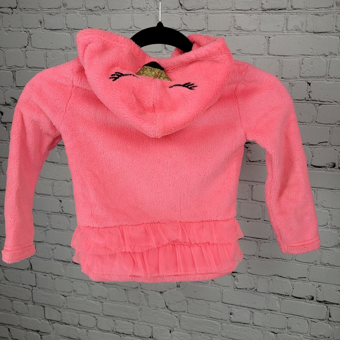 OshKosh Pink Faux Fur Soft Animal Bird Hooded Tulle Ruffles Full Zip Jacket 4T