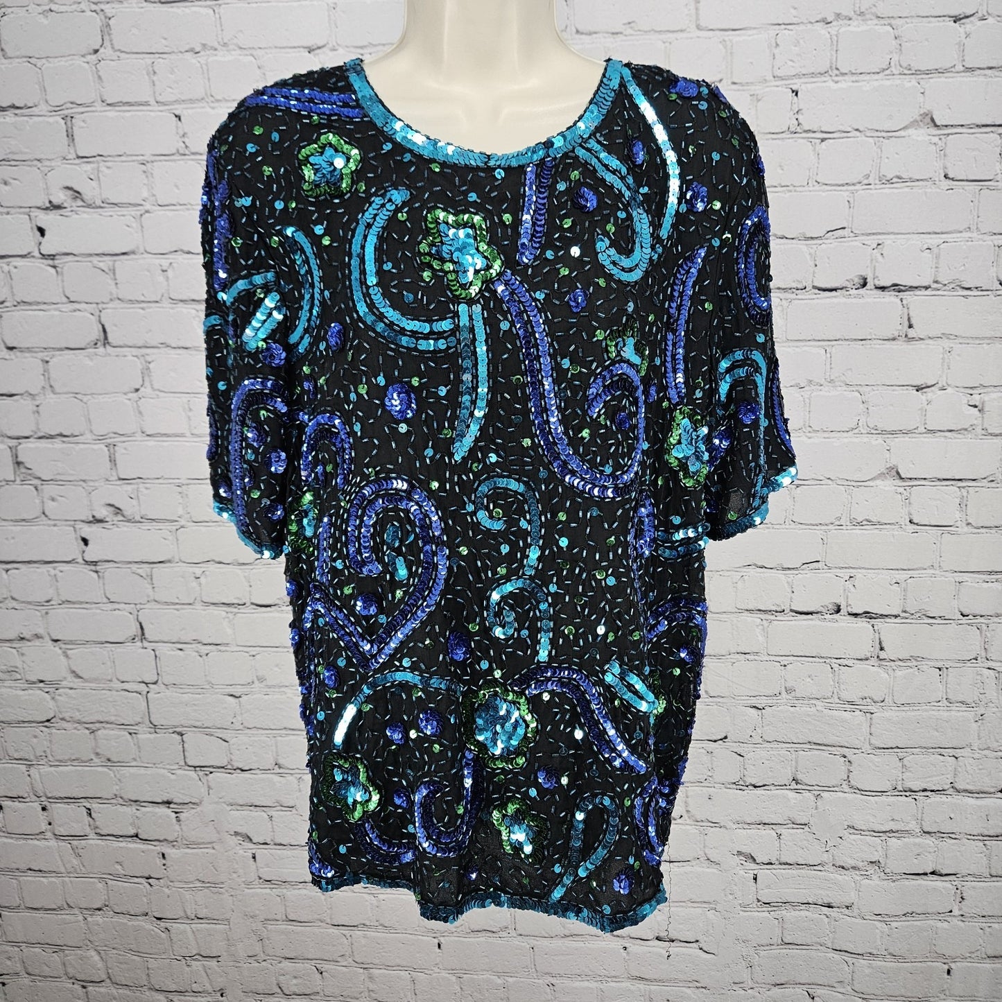 VTG Stenay Black Blue 100% Silk Beaded Sequin Lined Short Sleeve Top Medium M