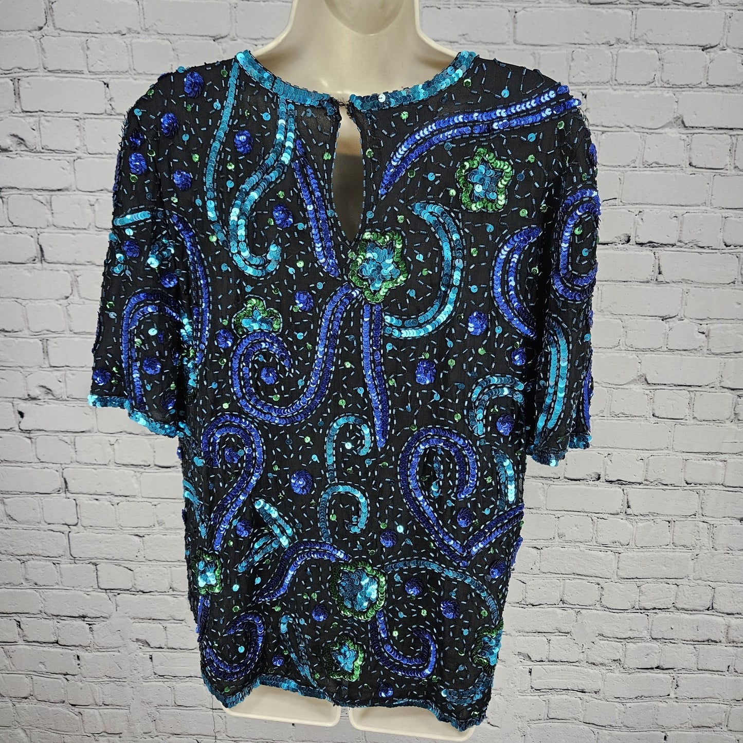 VTG Stenay Black Blue 100% Silk Beaded Sequin Lined Short Sleeve Top Medium M